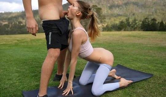 Passionate sex yoga with a charming skinny chick in nature