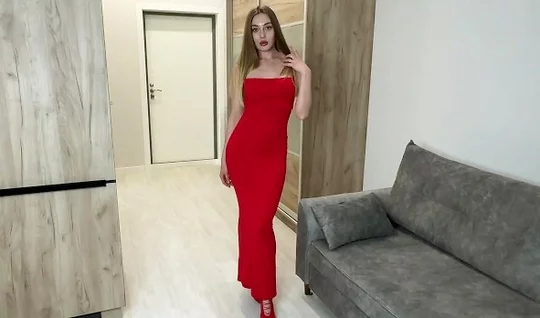Passionate Russian girl in the dress makes a cool blowjob