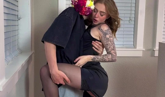 Tattooed Russian girl passionately sucks a strong cock