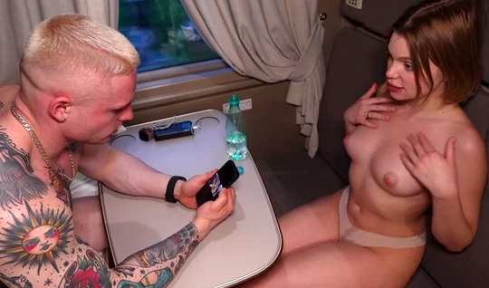 Russian slut showed her tits to a fellow passenger on the train