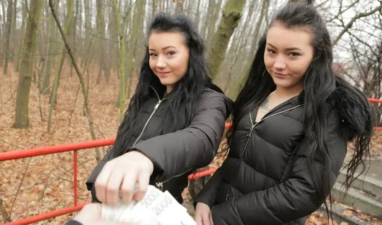 Two brunettes after a pickup make the guy crumple and spread their legs for sex on camera