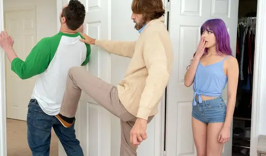 A bearded stepfather bent a dyed brunette and fucked her in a doggystyle pose