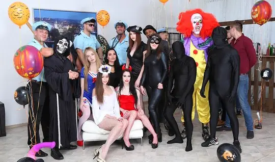 Chicks in various costumes are not averse to having a group orgy with a crowd of men