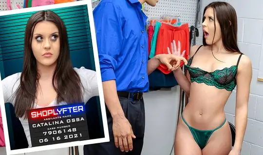 In the office, a brunette lowers her panties for sex with a security guard and cums from a vaginal