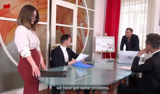 The secretary during a gangbang receives from the guys Russian double penetration