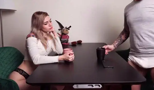 Russian girl on the bed gives a friend a homemade blowjob and jumps on a dick