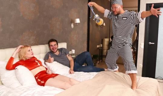 Russian bitch with tight holes pulled on two trunks at once